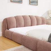 King Size Elegant Chenille Upholstered Platform Bed Frame, Thick Curved Headboard & Wrapped Footboard, Low Profile Floor Bed, No Box Spring Required, Easy Assembly, Pink