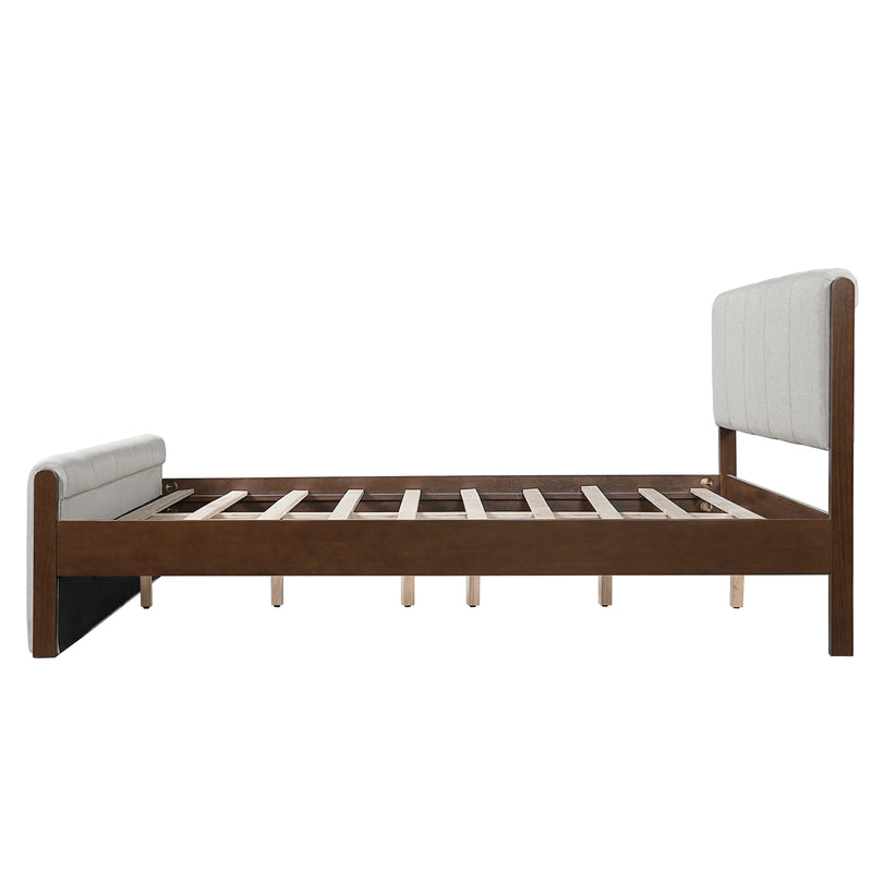 Queen Size Upholstered Bed Frame, Walnut Wood Trim with Grey Fabric, Pine Wood with MDF, 500 LBS Capacity, Fits 8'-10' Mattress, No Box Spring Needed
