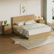 King Size Bed Frame with LED Lights, Modern Wooden Corrugated Curved Lines, Convex Groove Board Design, Oak.