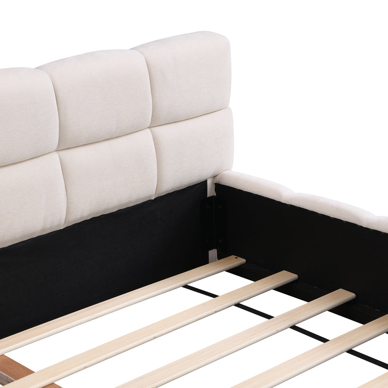 Elegant Beige Chenille Upholstered Bed with Checkerboard Design, Queen, Beige