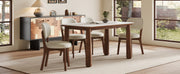 63' Sintered Stone Dining Table Set with 6 Upholstered Chairs, Farmhouse Dinner Table Set of 7 Piece with White Stone Top & Solid Wood Walnut Frame, Beige Chenille Seats, Heavy-Duty Support up to 1000
