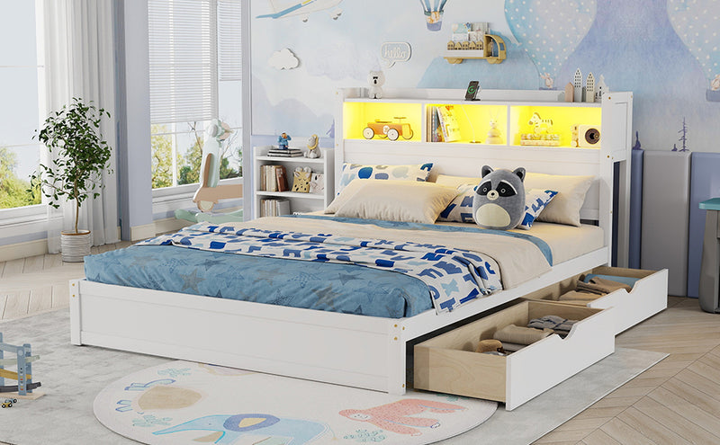 Queen Size Bed with Drawers, Wood Queen Bed with Storage Headboard and Pull Out Storage Cabinet, Wood Bed with Light and Socket, White(Expect Arrival Date 2026/7/30)