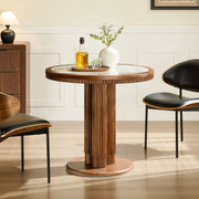 33.07 inch Mid-Century Round Dining Table, 9mm Sintered Stone Recessed Tabletop, Solid Wood Reinforced MDF Frame, Compact Circular Bistro Table for Kitchen Dining Room