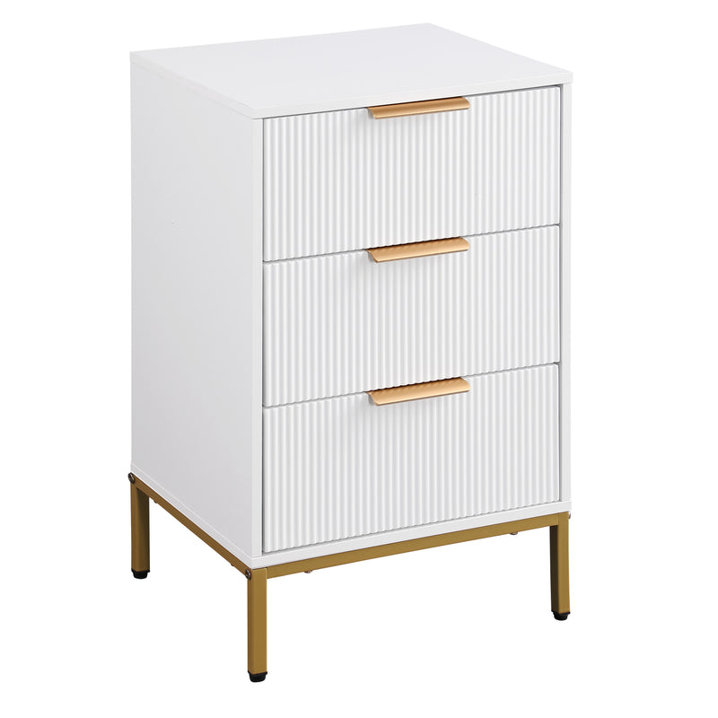 Nightstand with 3 Drawers,Mid-Century Modern End Table,Bedside Table, Gold Metal Legs,Gold Metal Handles,Wavy Drawer PanelsEnd Table for Bedroom White