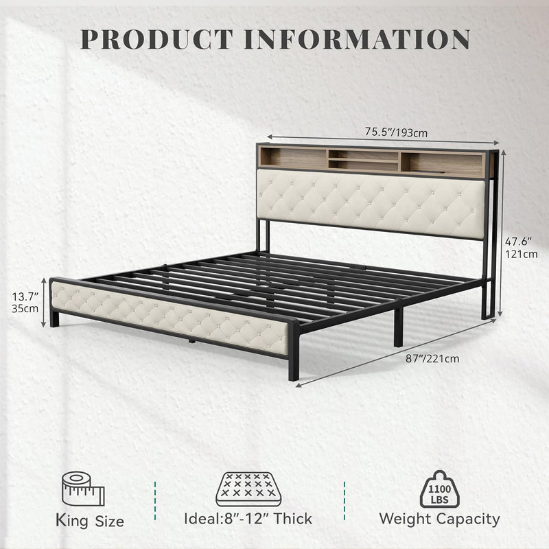 King Size Bed Frame, Platform Bed Frame with Charging Station, Upholstered Storage Headboard & Footboard Metal Slats Supports Mattress Foundation, No Box Spring Needed, Beige(No Drawers)