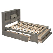 Queen Size Platform Bed with Storage Headboard and 8 Drawers, Gray