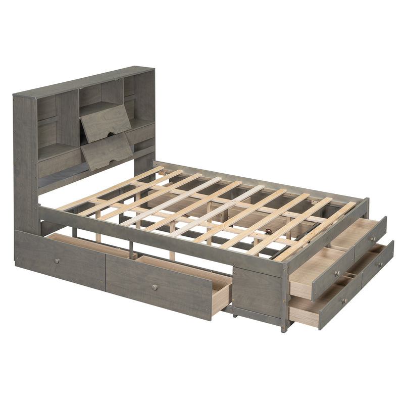 Queen Size Platform Bed with Storage Headboard and 8 Drawers, Gray
