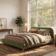 California King Size Upholstered Bed Frame With Velvet Fabric And Curve Design Thick Headboard, Solid Wood Legs, Olive Green (old sku N757P411871V)