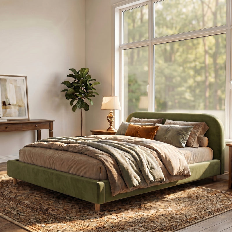 California King Size Upholstered Bed Frame With Velvet Fabric And Curve Design Thick Headboard, Solid Wood Legs, Olive Green (old sku N757P411871V)