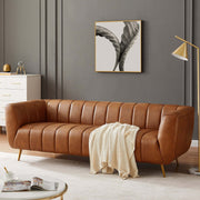 Ava Genuine Italian Leather Sofa with Channel Tufting in Tan, Solid Wood Frame, 85.5 inches for Living Room Bedroom