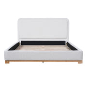 Queen Size Bed Frame with Boucle Upholstered Curved Headboard, Solid Wood Base, White