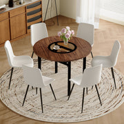 Table and chair set.42 inch modern minimalist brown wood grain round dining table set.Paired with 6 White Artificial PU Chairs With Curved Widened Cushion Design.Suitable for dining rooms,office,etc.