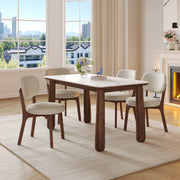 63' Sintered Stone Dining Table Set with 6 Upholstered Chairs, Farmhouse Dinner Table Set of 7 Piece with White Stone Top & Solid Wood Walnut Frame, Beige Chenille Seats, Heavy-Duty Support up to 1000