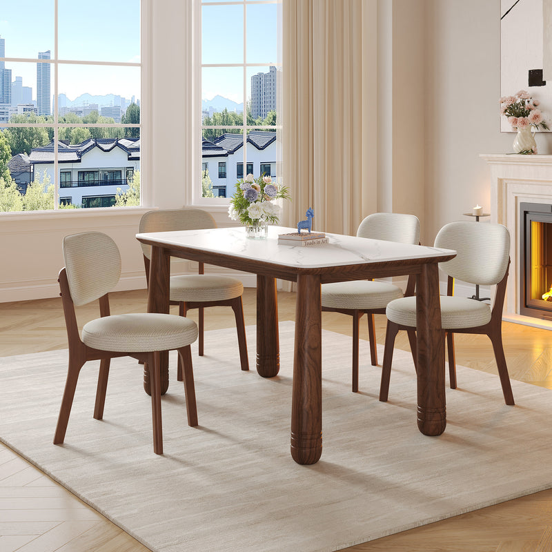 63' Sintered Stone Dining Table Set with 6 Upholstered Chairs, Farmhouse Dinner Table Set of 7 Piece with White Stone Top & Solid Wood Walnut Frame, Beige Chenille Seats, Heavy-Duty Support up to 1000
