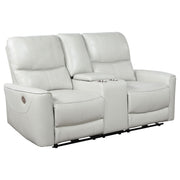 Denson Dove Grey Upholstered Power Reclining Loveseat with Console and USB Port