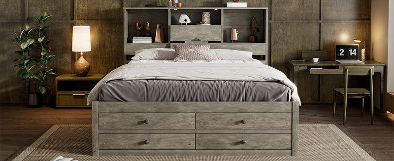 Queen Size Platform Bed with Storage Headboard and 8 Drawers, Gray