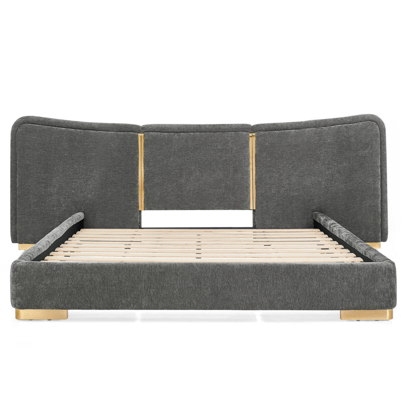 Queen Size Extra Large Platform Bed, Soft Chenille Fabric Frame, Curved Headboard, Reinforced Electroplated Metal Legs, Flexible DIY Side Space Design-Dark Gray