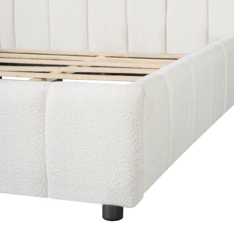 Queen Size Upholstered Bed Frame With Boucle Fabric And Thick Headboard, Off white