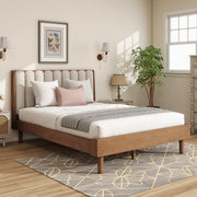 Queen Size Wood Bed with Piano Key Style Upholstered Headboard , Wood Bed with Strengthened Bed Frame ,Wheat (old sku:W504S00257)