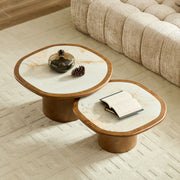 Irregular Coffee Table set, 2pcs burl Wood Veneer Coffee Table,Sintered Stone Tabletop Table with Sturdy MDF Pedestal, Rounded Sofa Side Table for living Room,Office