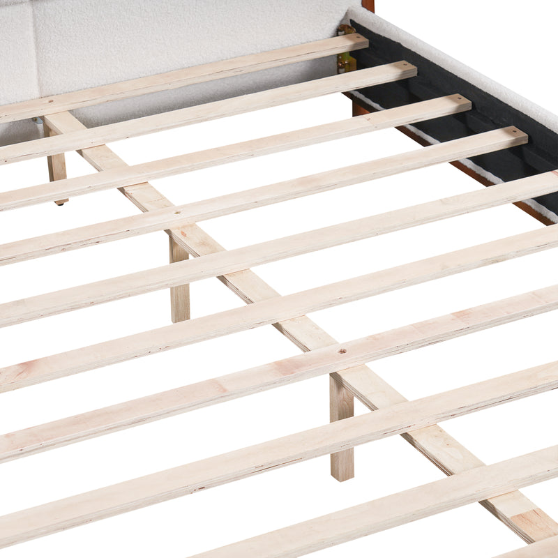Queen Size Upholstered Bed Frame, Walnut Wood Trim with White Fabric, Plywood & Rubber Wood Construction, 600 LBS Weight Capacity, Fits 8'-10' Mattress, No Box Spring Needed