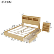 Queen Size Bed with Drawers, Wood Queen Bed with Storage Headboard and Pull Out Storage Cabinet, Wood Bed with Light and Socket,Natural(Expect Arrival Date 2626/7/30)