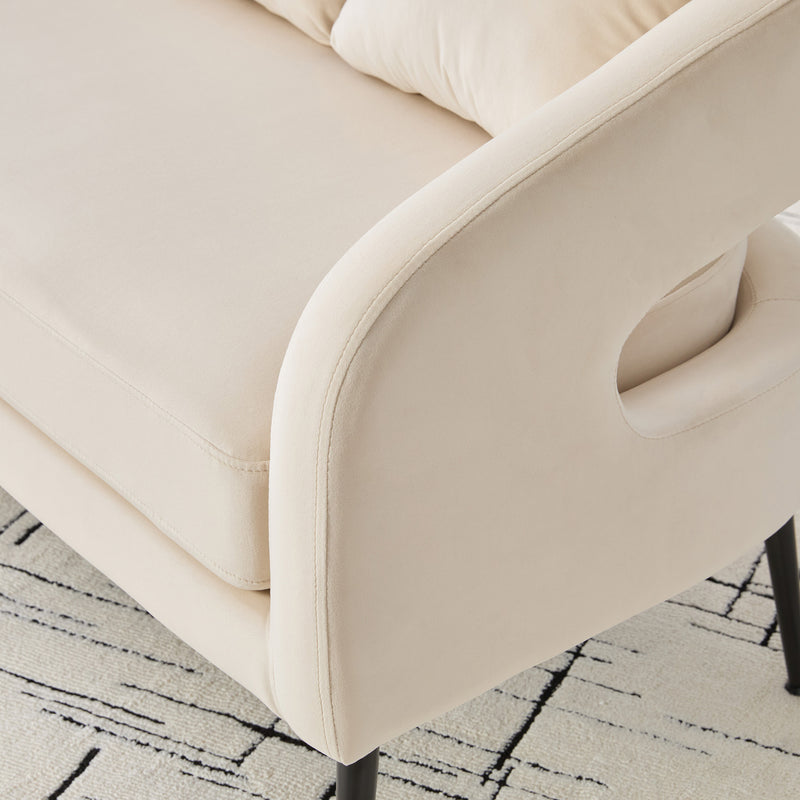 Modern Upholstered Velvet Open Back Loveseat Settee with 3 Pillows, Beige, Metal Legs, 53.7'