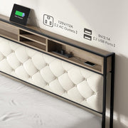 King Size Bed Frame, Platform Bed Frame with Charging Station, Upholstered Storage Headboard & Footboard Metal Slats Supports Mattress Foundation, No Box Spring Needed, Beige(No Drawers)