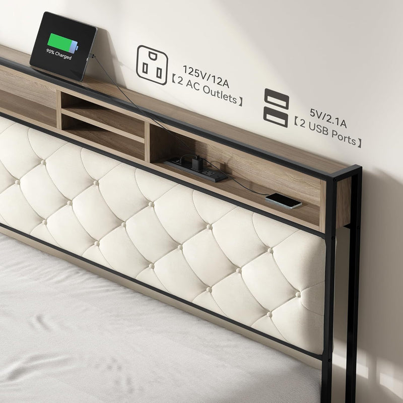 King Size Bed Frame, Platform Bed Frame with Charging Station, Upholstered Storage Headboard & Footboard Metal Slats Supports Mattress Foundation, No Box Spring Needed, Beige(No Drawers)