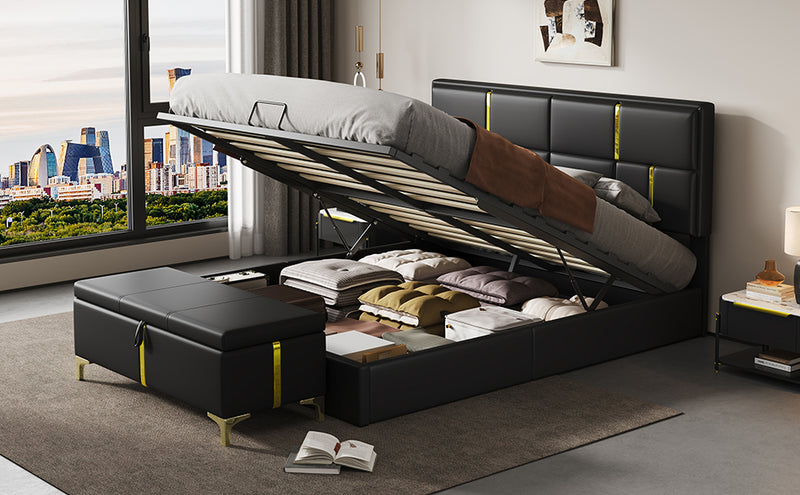 2-Pieces Bedroom Sets,Queen Size Upholstered Platform Bed with Hydraulic Storage System,Storage Ottoman with Metal Legs,Black(Old SKU:N733S207778B)