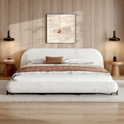 California King Size Bed Frame with Boucle Fabric, Upholstered Platform Bed with Curve-Shaped Design & Thick Headboard, White