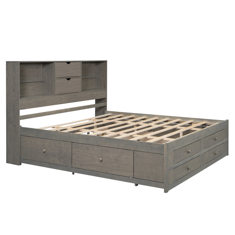 King Size Platform Bed with Storage Headboard and 8 Drawers, Gray
