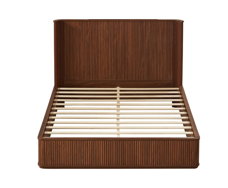 Walnut Corrugated Wave Wood Headboard Platform Bed frame, 44' Tall Headboard Queen Size Bed Frame, Modern Minimalist, Easy Assembly, No Box Spring Required