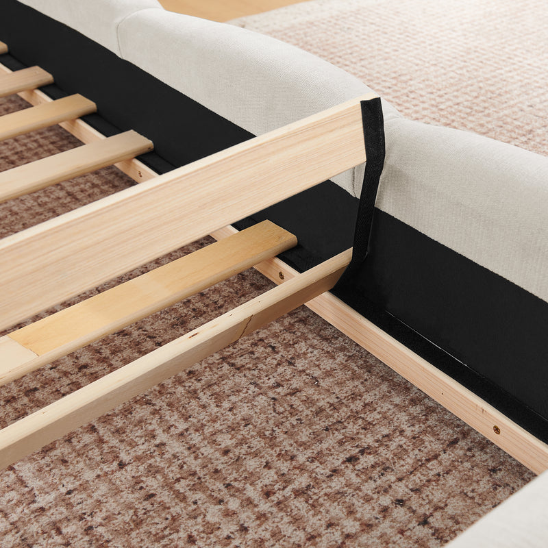 Queen Size Elegant Chenille Upholstered Platform Bed Frame, Thick Curved Headboard & Wrapped Footboard, Low Profile Floor Bed, No Box Spring Required, Easy Assembly, Beige