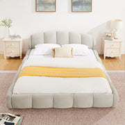 Queen Size Elegant Chenille Upholstered Platform Bed Frame, Thick Curved Headboard & Wrapped Footboard, Low Profile Floor Bed, No Box Spring Required, Easy Assembly, Beige