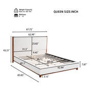 Queen Size Upholstered Bed Frame, Walnut Wood Trim with White Fabric, Plywood & Rubber Wood Construction, 600 LBS Weight Capacity, Fits 8'-10' Mattress, No Box Spring Needed