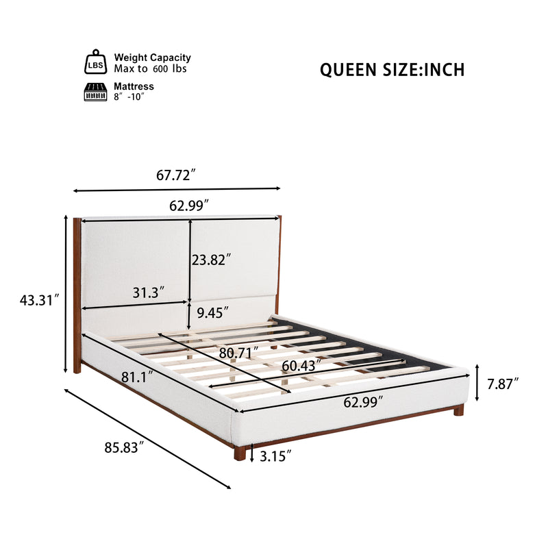 Queen Size Upholstered Bed Frame, Walnut Wood Trim with White Fabric, Plywood & Rubber Wood Construction, 600 LBS Weight Capacity, Fits 8'-10' Mattress, No Box Spring Needed