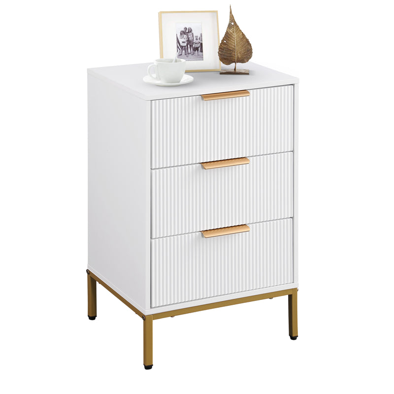 Nightstand with 3 Drawers,Mid-Century Modern End Table,Bedside Table, Gold Metal Legs,Gold Metal Handles,Wavy Drawer PanelsEnd Table for Bedroom White