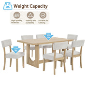 7-Piece Dining Table Set for 6, 57 Inch Light Oak Rectangular Table with 6 Ergonomic Linen Upholstered Chairs, Sturdy U-Shaped Base Modern Japandi Farmhouse Furniture for Dining Room & Apartment