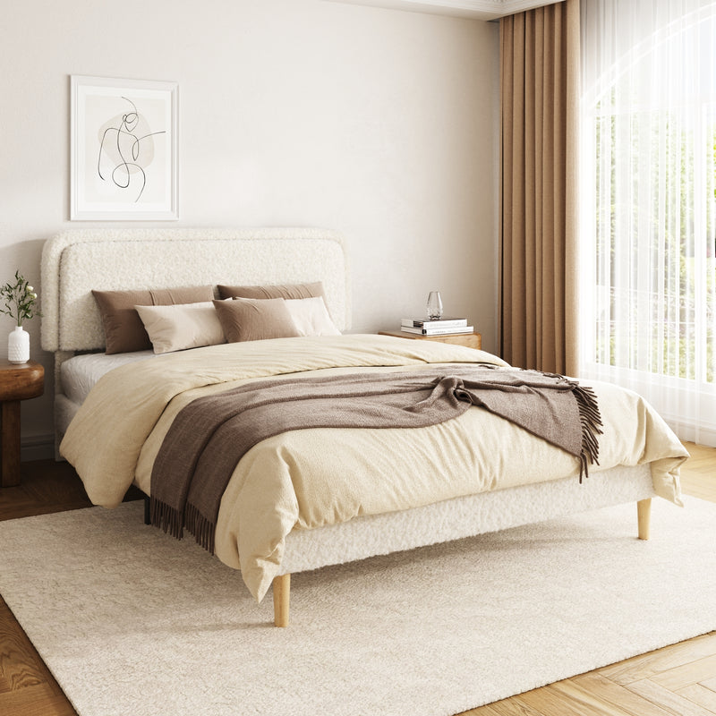 Queen Bed frame, Plush Upholstered Platform Bed with Height-Adjustable Headboard, Sturdy Frame and Alats, Quiet Design, No-Spring Mattress Compatible, Easy to Assemble, Beige