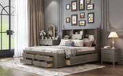 King Size Platform Bed with Storage Headboard and 8 Drawers, Gray