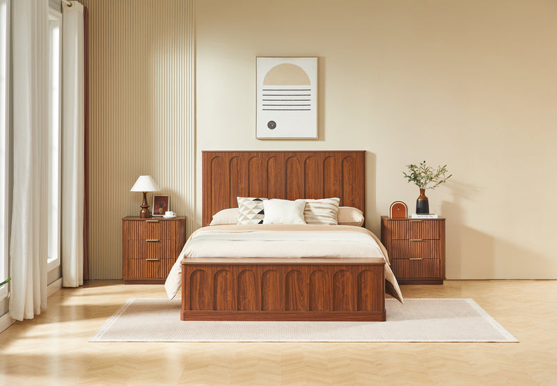 Queen Size Bed Frame with Storage, Mid-Century Modern Wood Platform Bed with Footboard Bench, Arched Panel Design, No Box Spring Needed, Walnut.