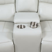 Denson Dove Grey Upholstered Power Reclining Loveseat with Console and USB Port