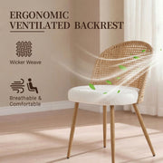 Round wooden dining table + 4 brown wicker dining chairs in Bohemian medieval style with soft beige sponge cushions
