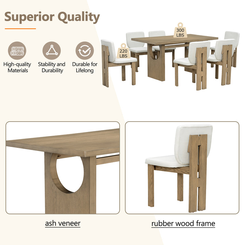 TREXM 7-Piece Retro Dining Table Set for 6, 60' Wood Dining Table Set for 6 with Upholstered Chairs and Designed Trestle Base for kitchen & Dining Room (Natural Wood Wash)