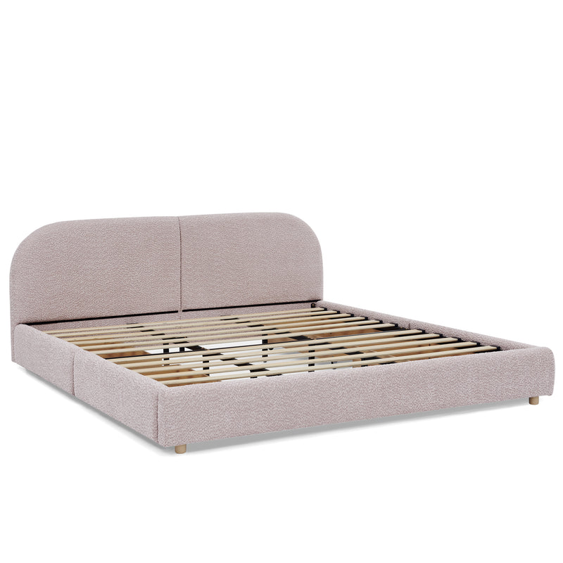 King Size Upholstered Bed Frame Modern Minimalist Style - Circle Yarn Fabric, Tall Curved Headboard, Sturdy Leg Support & Wheeled Drawer Storage, Mattress Not Included - Pink