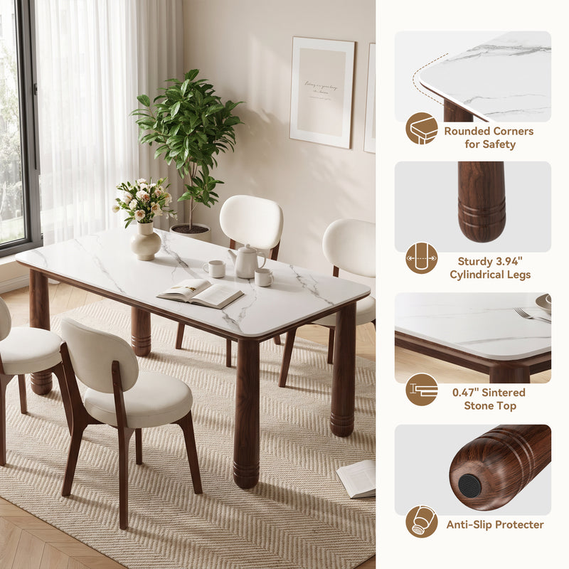 63' Sintered Stone Dining Table Set with 6 Upholstered Chairs, Farmhouse Dinner Table Set of 7 Piece with White Stone Top & Solid Wood Walnut Frame, Beige Chenille Seats, Heavy-Duty Support up to 1000