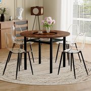 Table and chair set.42 inch modern minimalist brown wood grain round dining table set.Paired with 4 Transparent Plastic Chairs with Black Metal Legs.Bring a comfortable home experience.