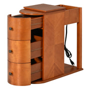 Modern End Table with Hidden Cup Holder Drawer, Charging Station & Pull-Out Side Table, Wooden Bedside Table with 2 Storage Drawers, Space Saving End Table for Bedroom & Living Room
