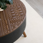 31.5-inch round coffee table with storage function, featuring an engraved tabletop, is an ideal beverage table for small spaces, serving as a modern-style accent side table suitable for living rooms,
